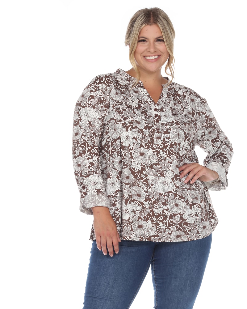 Front of a model wearing a size 1X Pleated Long Sleeve Floral Print Blouse in Brown by White Mark. | dia_product_style_image_id:247147